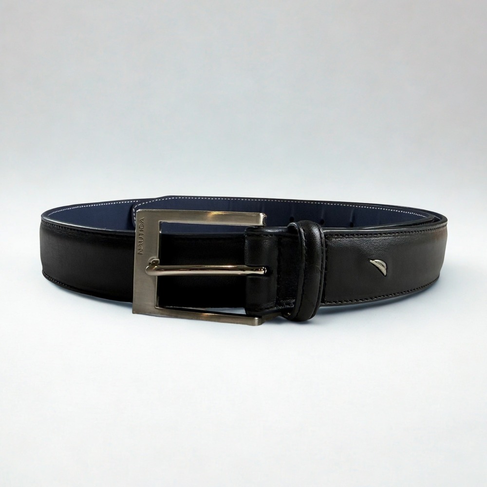 Nautica Leather Belt‎ Mens M 34-36 Black Silver Buckle Classic Preppy Business